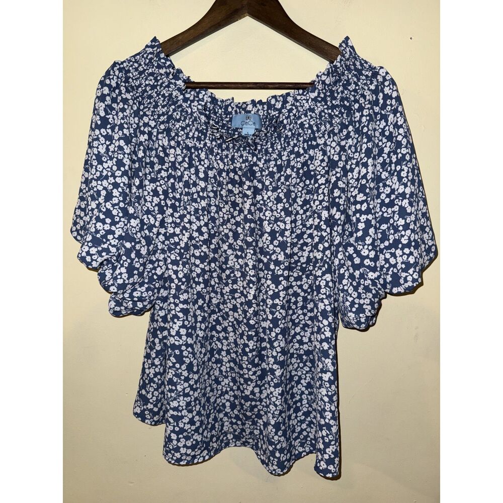 CeCe Blue Floral Off The Shoulder Smocked Puff Sleeve Top Blouse Sz Large